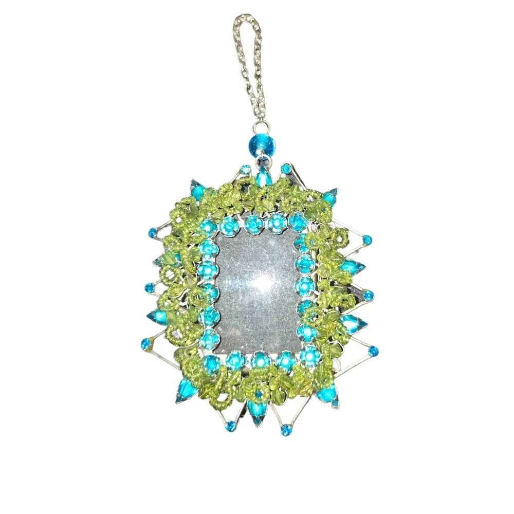 Pier 1 Photo Frame Ornament OS Green‎ Blue Beaded Jeweled Sunburst 6.5